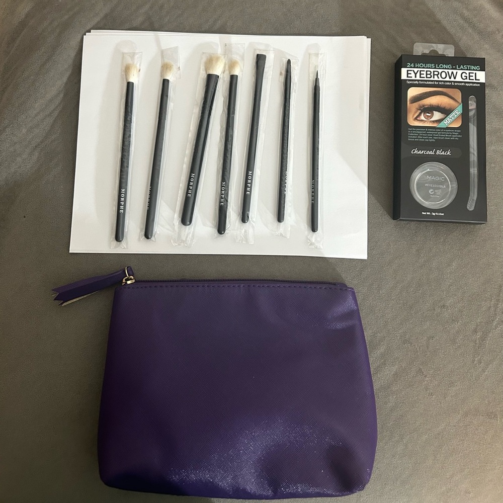 Morphe Eye Brushes (Unused) + Magic Brow Gel + Purple Makeup Bag Bundle